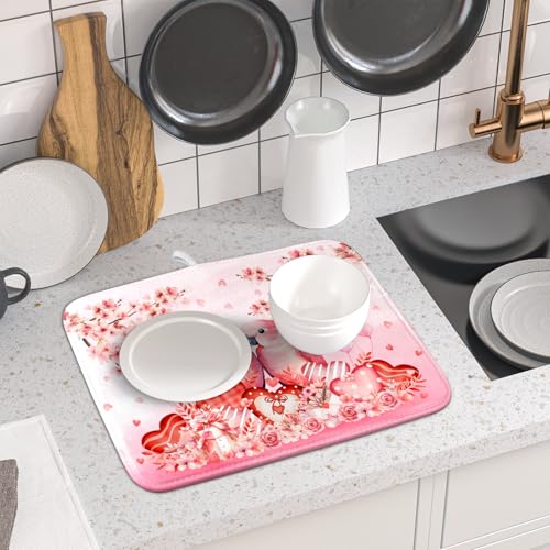 Small Holiday Dish Drying Mat Pink Love Bird Absorbent Coffee Bar Mat for Decoration 16 X 18 In (Pink Love Bird / 18" x 16")