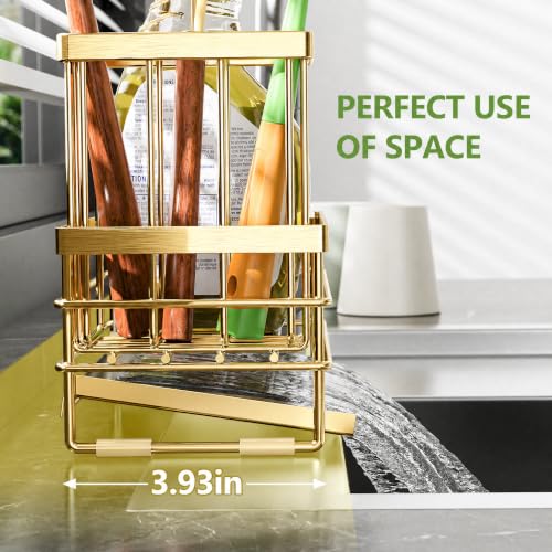 Gold Sink Caddy Sponge Holder for Kitchen with Brush Holder and Stainless Steel Self Drain Tray (8.26'' / Gold)