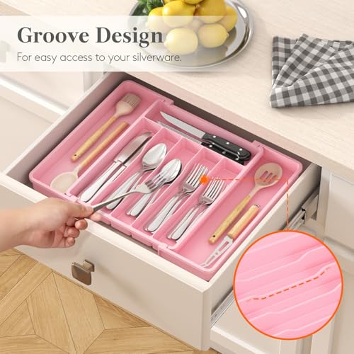 Expandable Silverware Drawer Organizer (Pink / Large (11-18''W x 14''D))