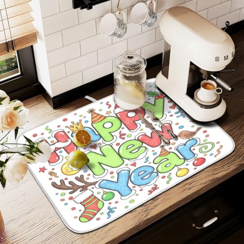 Cute Happy New Year Dish Drying Mat for Kitchen Counter Absorbent Microfiber Large Drying Pad Dish mats for Kitchen Countertops 18 x 24 Inch (Happy New Year / 24" x 18")
