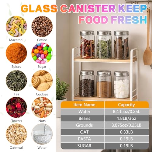 8 oz Small Glass Coffee Jars Spice Jar Round Storage Canister with Wooden Lid Clear Glass Food Jar for Pantry Sugar Tea Coffee Bean Spice Nuts Cookies Bath Salts (8oz/250ml-6pcs-B)