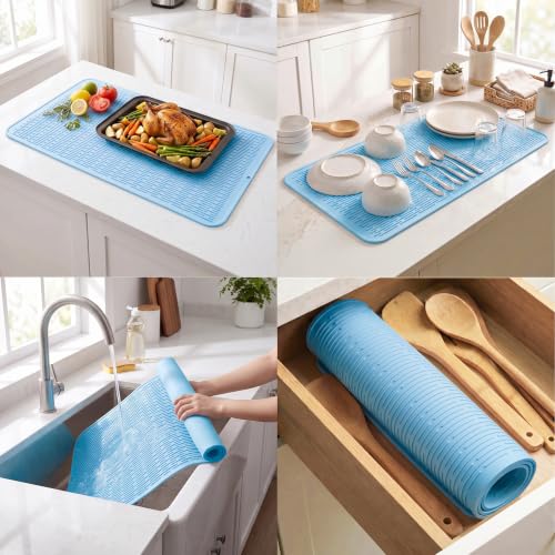 Silicone Dish Drying Mat for Multiple Usage (Light Blue / 36"L x 18"W)