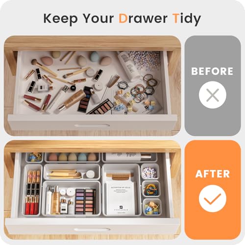Military Grade】 Drawer Organizer for Vanity Bathroom Makeup Desk (White)