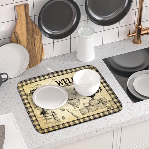 Farmhouse Rooster Dish Drying Mat 16x18 Inch Country Chicken Absorbent Dish Drainer Mat Reversible Countertops Protector Pad Kitchen Accessories (Farmhouse Rooster / 16" x 18")