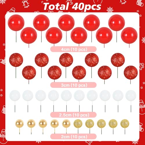 40 pcs Foam Ball Shaped Cake Toppers with Sticks Perfect for Birthday Party Baby Shower Christmas Party Decor Wedding Anniversary Chinese New Year (40-red Gold White)