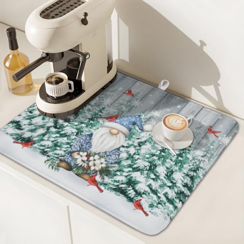 Winter Gnome Dish Drying Mat Pine Tree Dishes Pad 16"x18" Microfiber Absorbent Fast Dry Drainer Rack Mats Protector for Kitchen Countertop (Winter Gnome Bird / 16x18 inch)