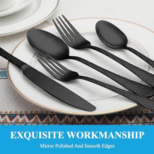 30 Pcs Black Hammered Silverware Set Service for 6 (Black)