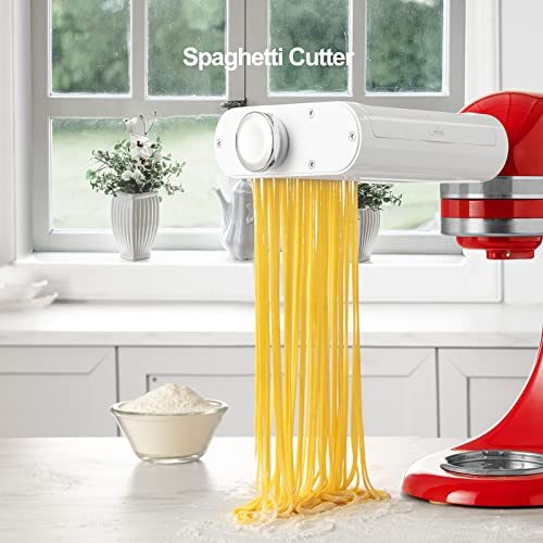 3 1 Pasta Maker Attachment for KitchenAid includes Pasta Sheet Roller attachment & Spaghetti Cutter & Fettuccine Cutter attachment (White+Silver)