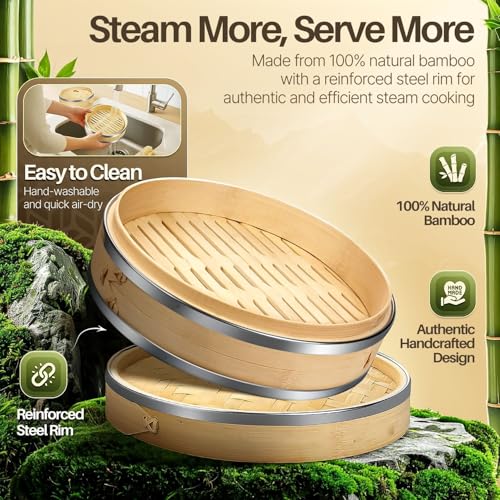 8 Inch Bamboo Steamer Basket Set with Stainless Steel Banding