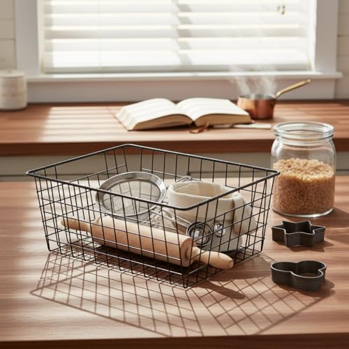 Kitchen Metal Wire Baskets Farmhouse Decor Metal Food Storage Organizer (Black / 2 Pack Big)
