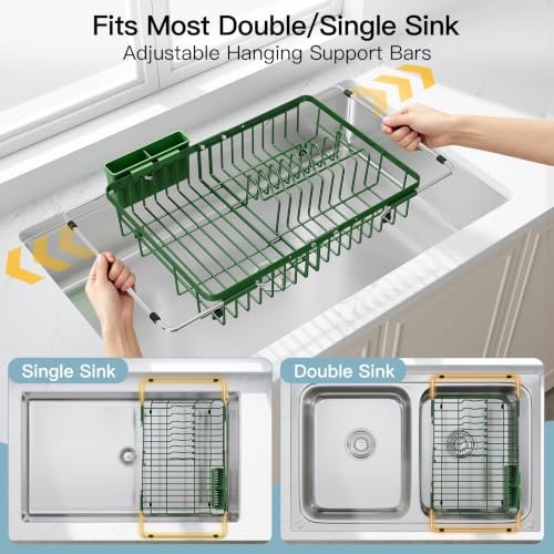 Green Dish Drying Rack Over the Sink with Utensil Holder (Green / For 12.5"-30"w Sink, Expandable)
