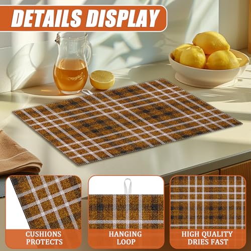 Brown Plaid Dish Drying Mat for Kitchen Counter Microfiber Absorbent Dish Kitchen Drying Mat Draining Reusable Washable for Dishes