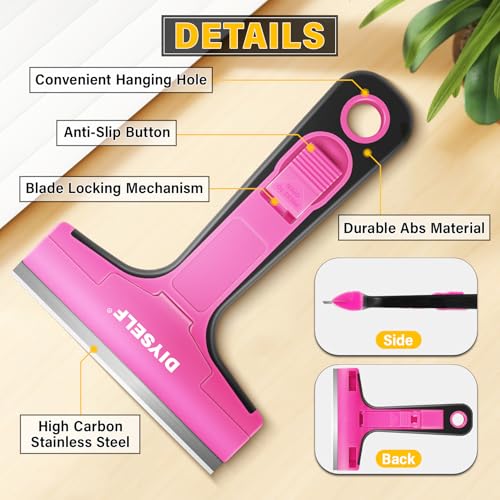 Window Scraper with 10 Extra 4" Razor Blades (10PCS Metal Blades / Pink)