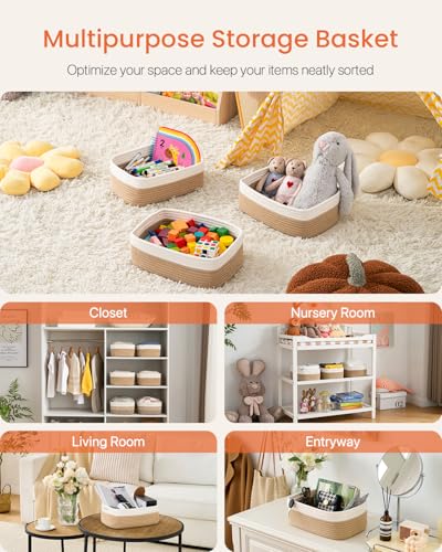 Small Woven Storage Basket for Organizing (White & Brown / 13.5"L x 9.5"W x 5"H)