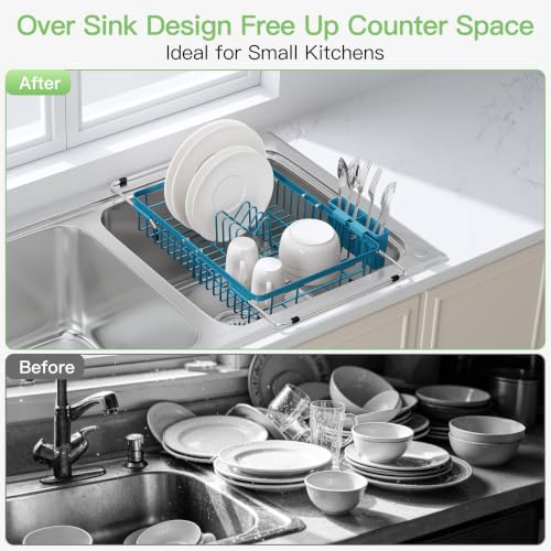 Blue Dish Drying Rack Over the Sink with Utensil Holder (Blue / For 12.5"-30"w Sink, Expandable)