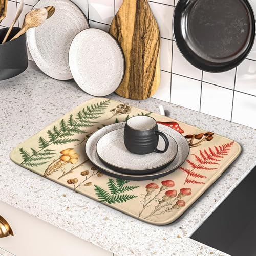 Ferns Leaves Dish Drying Mats Woodland Forest Mushrooms Reversible Drainer Mats 16 X 18 Inch (Ferns Mushrooms 1101 / 18" x 16")