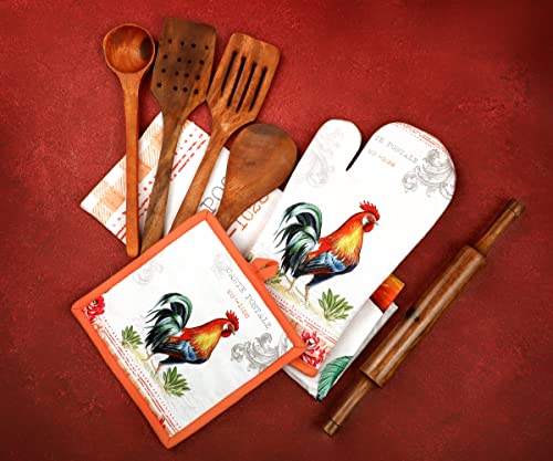Oven Mitts and Pot Holders Sets Heat Resistant (7x13 inches & 8x8 inches / Farm Rooster)