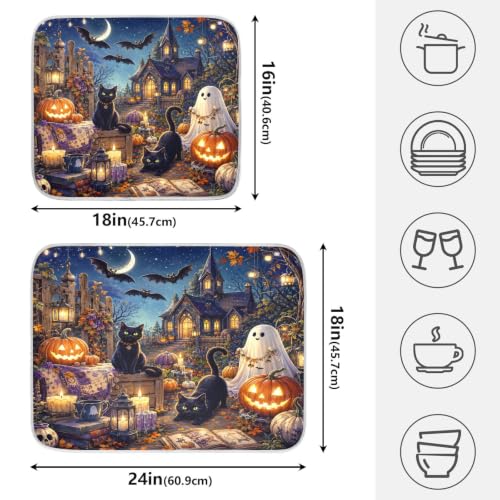 Halloween Night Scene Dish Drying Mat for Kitchen Counter Absorbent Microfiber Small Drying Pad Cats Ghost Dish Mats for Kitchen Countertops 16 x 18 Inch (Halloween Night Scene / 18" x 16")