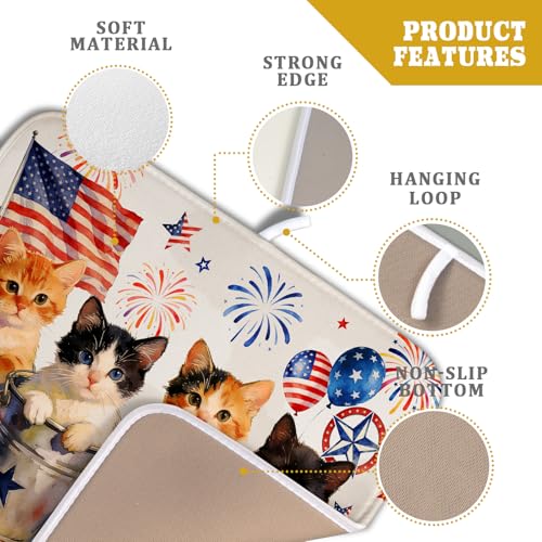 Happy 4th of July Patriotic Dish Drying Mat 16 x 18 In Independence Day Vintage Kitchen Drying Mat (Patriotic Cat White / 18" x 16")