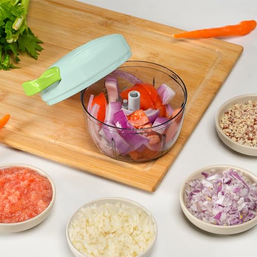 Manual Food Processor Vegetable Chopper 2.3 Cup Small Mini Hand Pull String Onion Chopper Garlic Mincer Cutter with 3 Stainless Steel Blades (Green - 2.3 Cup)
