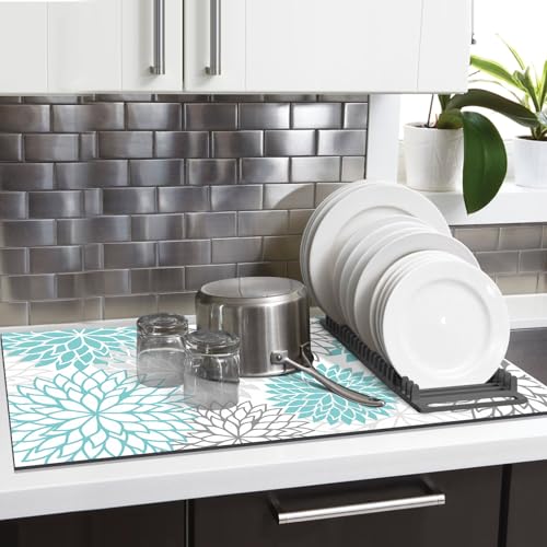2Pcs Dish Drying Mat & Sink Splash Guard (Teal / 17" X 32" + 24" X 5.5")