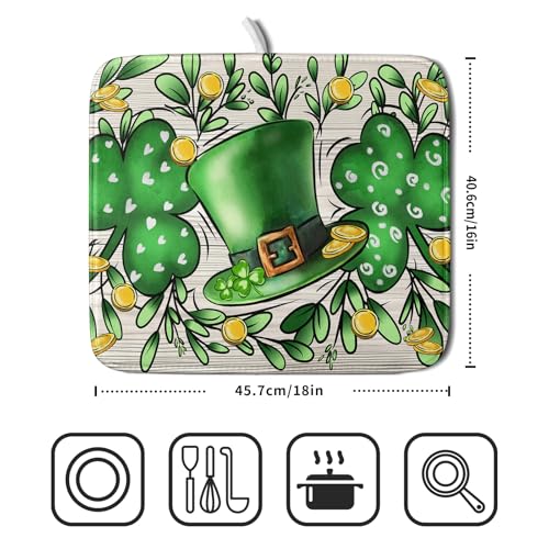 St Patrick's Day Shamrock Dish Drying Mat 16x18 inch Eucalyptus Leaves Dishes Pad Dish Drainer Mats Absorbent Fast Dry Kitchen Accessories (Shamrock Leaves / 16" x 18")
