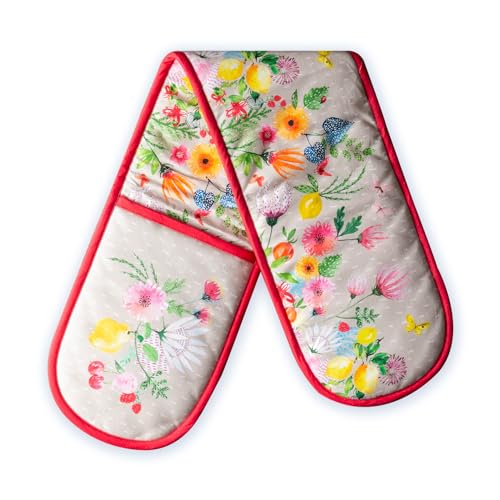 Double Oven Mitts 100% Cotton Double Oven Glove (105 - Jardin D'ete - Fog / 7" x 35" (Double Oven Mitt))