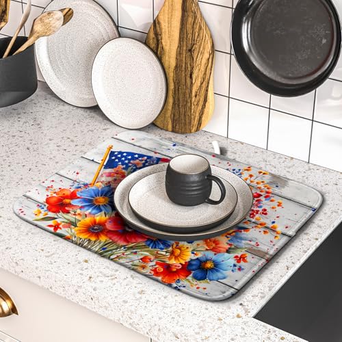 4th of July Dish Drying Mat 16x18 inch Patriotic Floral Fast Dry Microfiber Reversible Dish Drainer Rack Pad Kitchen Counter Accessories (Patriotic Floral / 16" x 16")