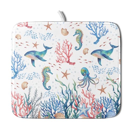 Coastal Ocean Dish Drying Mat Seahorse Whales Drainer Rack Mats 16"x18" Absorbent Microfiber Dish Drying Pad Protector for Kitchen Counter (Coral Ocean / 16" x 18")