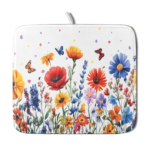 Watercolor Flower Dish Drying Mat 16x18 Inch Floral Butterfly Dish Drainer Protector Pad Washable Reversible Kitchen Counter Dish Dry Pad (Watercolor Flower / 16" x 16")