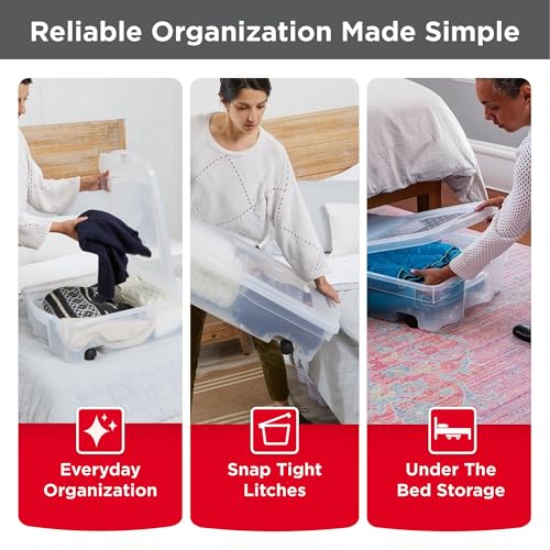68 Quart Under the Bed Low Profile Storage Boxes with Dual Hinged Lids and Easy Rolling Caster Wheels (Under the Bed - 2 Pack)