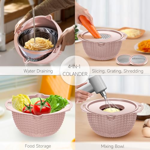 4 1 Colander with Bowl & Spoons Set (Pink)