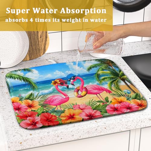 Summer Flamingos Dish Drying Mat 16x18 inch Tropical Beach Microfiber Washable Dish Rack Mats Drainer Pad for Counter Kitchen Table Decor (Summer Flamingos / 16" x 18")