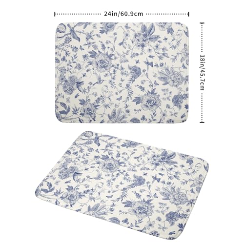 Chinoiserie Flower Dish Drying Mat Blue Leaves Dishes Drying Pad Reusable Washable Kitchen Countertop Protector Dish Drainer Mat 18x24 Inch (Chinoiserie Flower / 24" x 18")