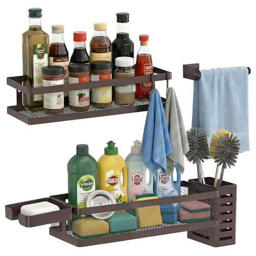 5-in-1 Shower Caddy & Kitchen Organizer Set, Wall Mount Wide Spice Rack with Paper Towel Holder, Utensil Holder, Soap Dish, Rustproof Mesh Baskets Hold 50LBS - Vintage Bronze, Guardrail (Vintage Bronze / 5-in-1 Minimalist (12.6" Wide))