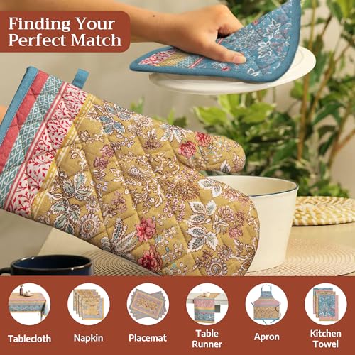 100% Cotton Oven Mitt & Pot Holder Set (001 - Marquise / 7.5" x 13" & 8" x 8" (Oven Mitt & Pot Holder))