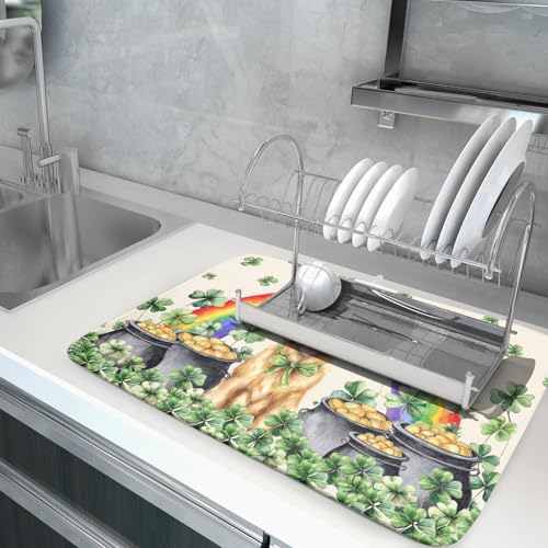 Funny Dog Dish Drying Mats for Kitchen Countertop Large Microfiber Absorbent Coffee Bar Mat (Green Lucky Gog / 24" x 18")