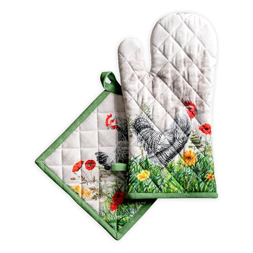 100% Cotton Oven Mitt & Pot Holder Set (018 - Basse Cour / 7.5" x 13" & 8" x 8" (Oven Mitt & Pot Holder))