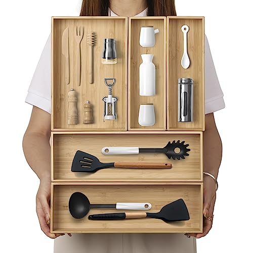 Stackable Bamboo Drawer Organizer Set of 5 for Kitchen (Bamboo (5 Piece Set) / 19.2" L x 13.3" W x 2.2" H)