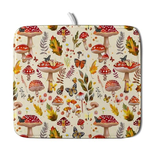 Forest Mushroom Dish Drying Mats Wild Plant Butterfly Kitchen Sink Rack Mats 16 X 18 Inch (Wild Plant - Multi / 18" x 16")