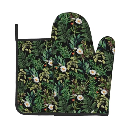 Green Botanical Oven Mitts and Pot Holder Kitchen Accessories Sets Fern Leaves Heat Resistant Baking Cooking Oven Gloves Washable Potholder (Green Botanical)