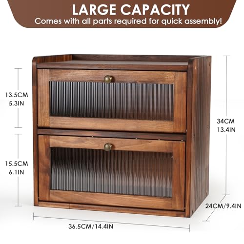 Bread Box for Kitchen Countertop Wooden Bread Storage Container Bin 2 Layer Breadbox Holder Large Capacity Keeper Vintage Farmhouse Food Organizer Pantry Shelf Acrylic Window (Brown)