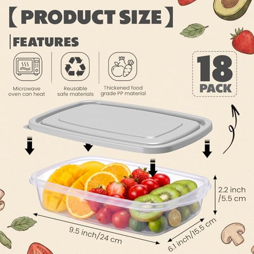 18 Pcs 33 oz Plastic Food Storage Containers with Lids (Grey)