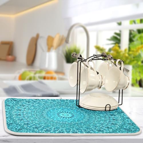 Super Absorbent Dish Drying Mat Microfiber Fast (Mandala Turquoise Teal Blue Green / 16" x 18")