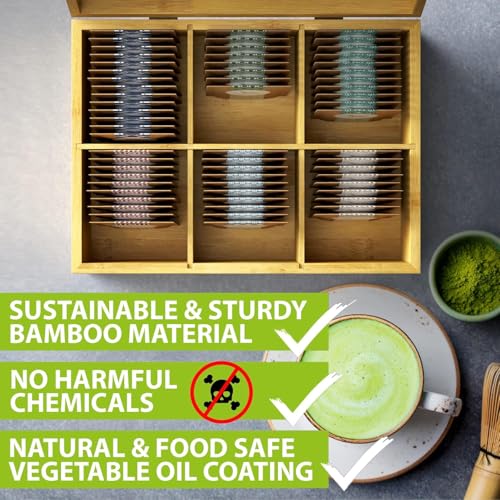 Tea Organizer Box Food Safe Chemical Free Bamboo Wood Storage Chest Big (6-Slot Rectangular / TEA Stamp)