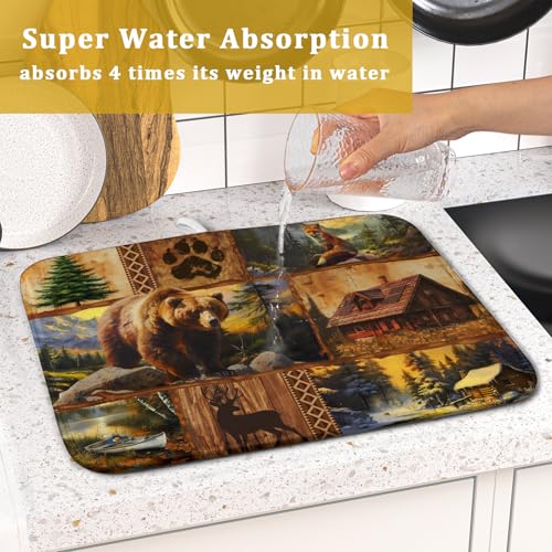 Bear Deer Fox Dish Drying Mat Rustic Cabin Lodge Dish Drainer Mats 16x18 Inch Absorbent Washable Dishes Rack Pad for Sink Kitchen Counter (Bear Deer Fox / 16" x 18")