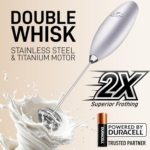 Powerful Milk Frother Wand With Duracell Batteries (Alpha Silver / Double Whisk + Batteries)