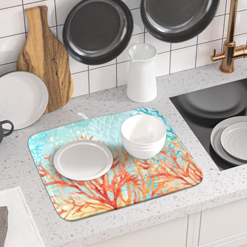 Coastal Coral Dish Drying Mat Beach Ocean Drainer Rack Mat 16x18 Inch Microfiber Absorbent Reversible Dish Dry Pad for Kitchen Counter Sink (Pink Coastal Coral / 16x18 inch)