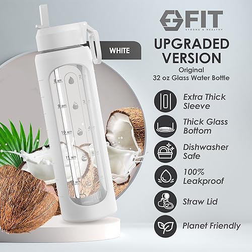 Glass Water Bottle 32 oz with Straw Lid & Time Marker (White Sleeve)