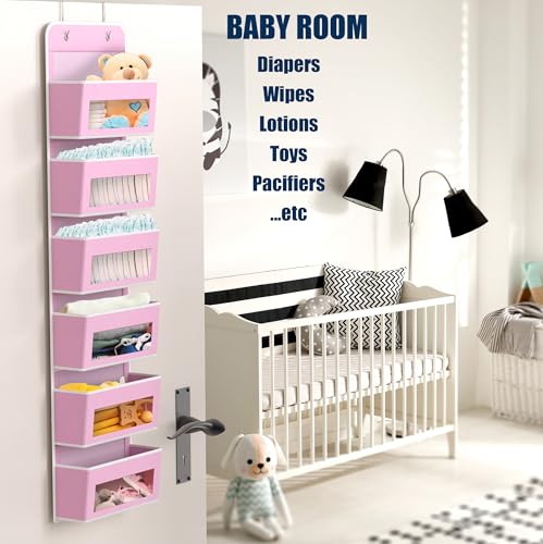 6 Clear Window Pocket Over Door Hanging Organizer (6 Pockets / Pink)